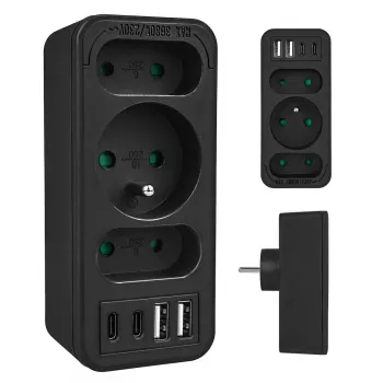 Power-Splitter MACLEAN MCE248 F/B — 3 AC-Steckdosen (1x16A, 2x6A) und 4 USB-Anschlüsse (2xUSB‑A, 2xUSB‑C PD 20W), EU-Stecker, schwarz
