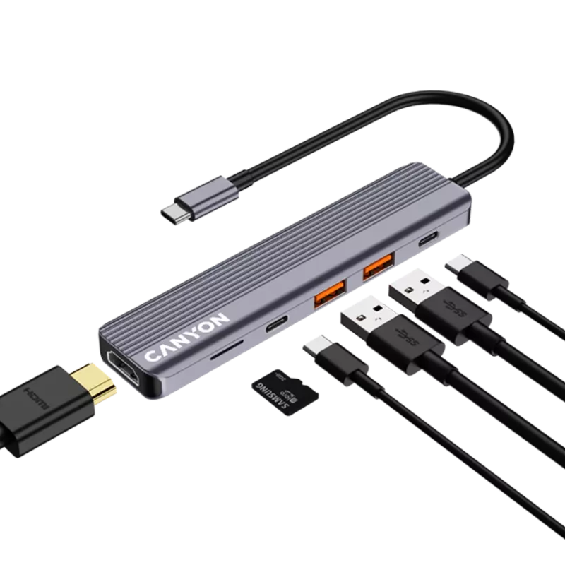 USB-Typ-C-Hub CANYON DS-17 — HDMI, USB 3.2 Gen 1 A, USB-C, MicroSD, 10000 Mbit/s, grau