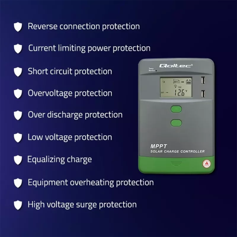 MPPT Solar Charge Controller QOLTEC 10A for 12V/24V systems with LCD display