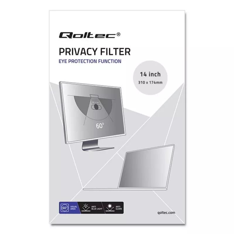 Qoltec GDPR-Datenschutzfilter 14 Zoll 16:9 (12.20, 16:9), Displayschutzfolie für Notebook