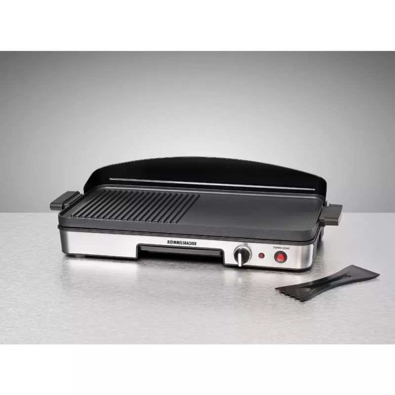 Elektrischer Tischgrill Rommelsbacher BBQ 2003 — 1900 W, 50×25 cm, gerippt + Teppanyaki, stufenloser Thermostat, silber/schwarz