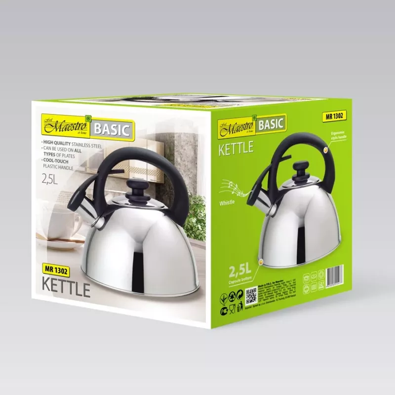 Wasserkocher Maestro MR1302 Edelstahl 2,5 L, induktionsgeeignet, Klappdeckelpfeife, schwarzer Griff