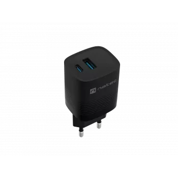 NATEC kabelgebundenes Ladegerät für Mobilgeräte NUC-2141, 30W, USB-C PD 3.0 + USB-A QC 3.0, 110–240V, schwarz