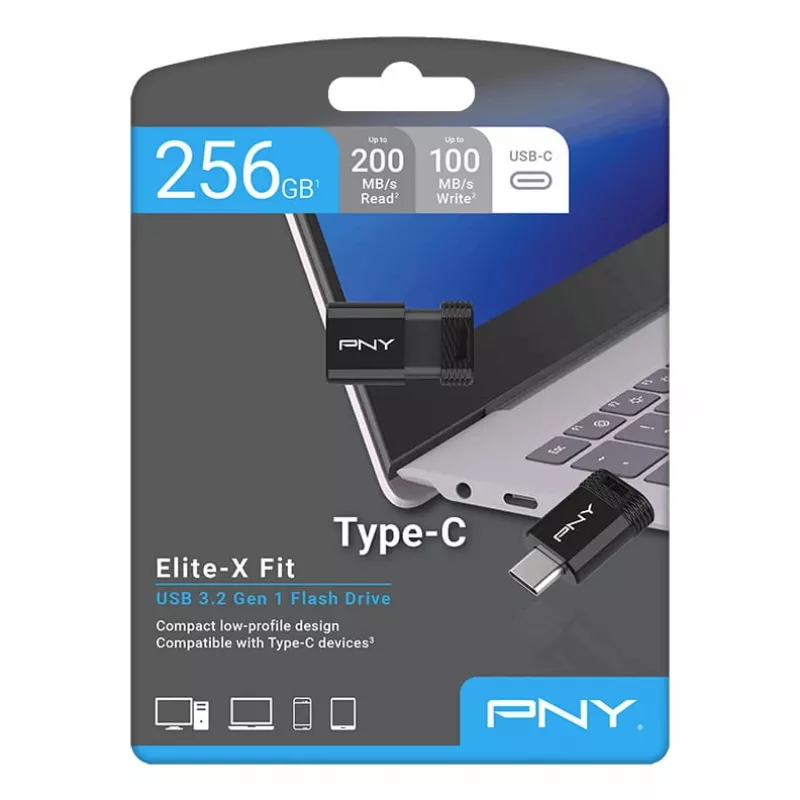 USB-Stick PNY Elite-X 256 GB USB Type-C 3.2 Gen 1 (Lesen 200 MB/s, Schreiben 100 MB/s) Schwarz