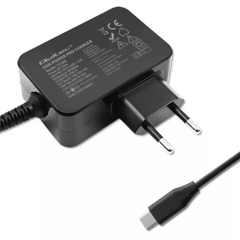 Qoltec 52386 GaN POWER PRO Ladegerät | 1xUSB-C | 65W | 5-20V | 3-3,25A | Schwarz
