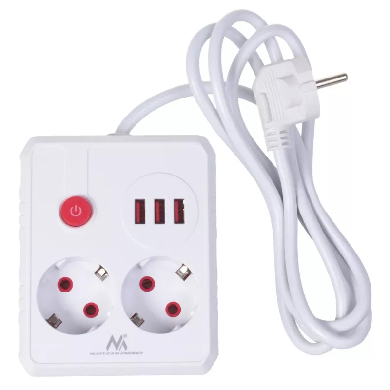 Steckdosenleiste MACLEAN MCE387 W — 2 Steckdosen, 3×USB A, 110–240 V, 2500 W, 1,5 m Kabel, weiß