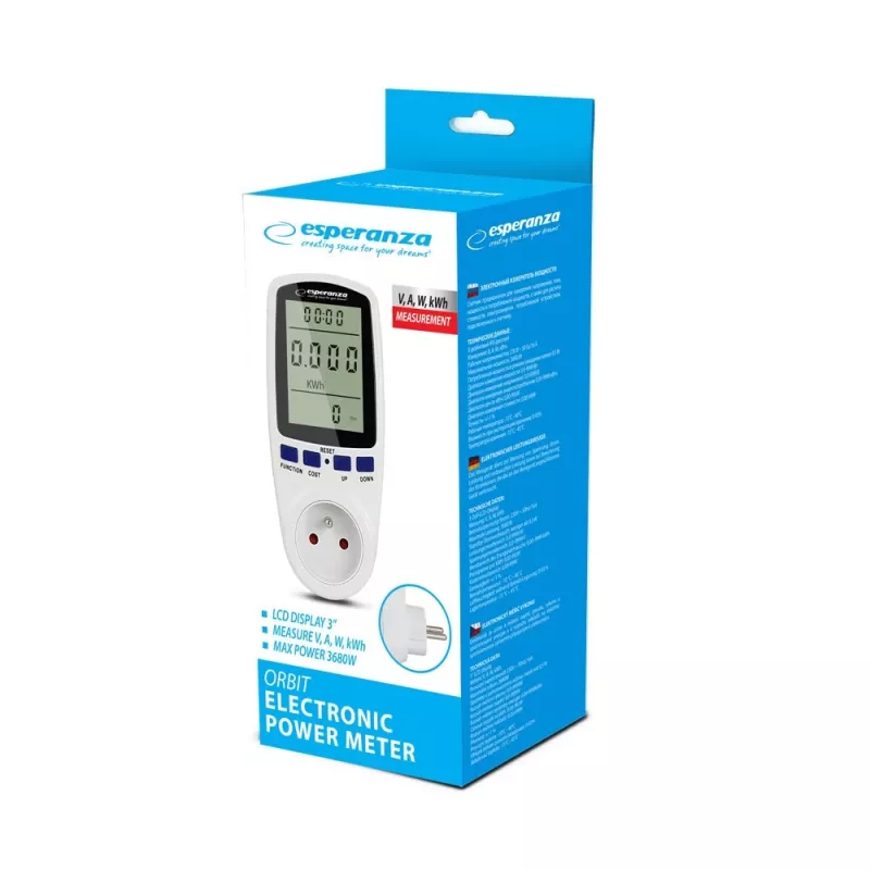 Stromverbrauchszähler ESPERANZA ELA103 mit LCD-Anzeige — 16 A, 3680 W, 230 V, 50–60 Hz