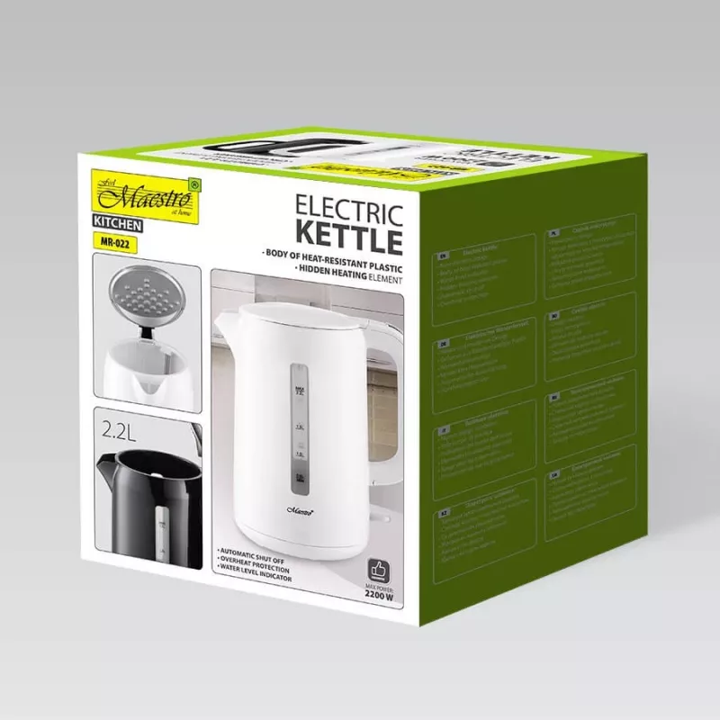 Elektrischer Wasserkocher Maestro MR-022-WHITE, 2,2 L, 1850–2200 W, Kunststoffgehäuse, 360°-Basis, Antikalkfilter, Wasserstandsanzeige
