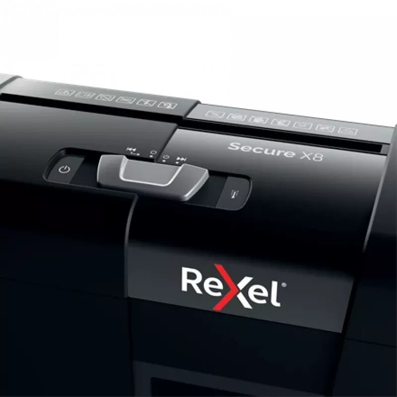 Aktenvernichter REXEL Secure X8 — Kreuzschnitt P-4, 4x40 mm, Kapazität 8 Blatt, 14 l Auffangbehälter, schwarz