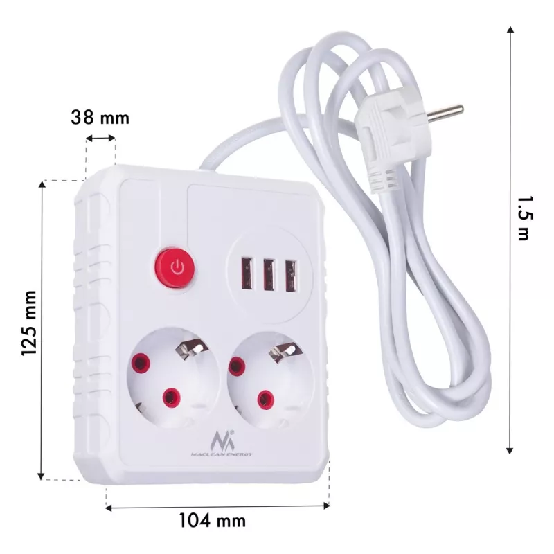 Steckdosenleiste MACLEAN MCE387 W — 2 Steckdosen, 3×USB A, 110–240 V, 2500 W, 1,5 m Kabel, weiß