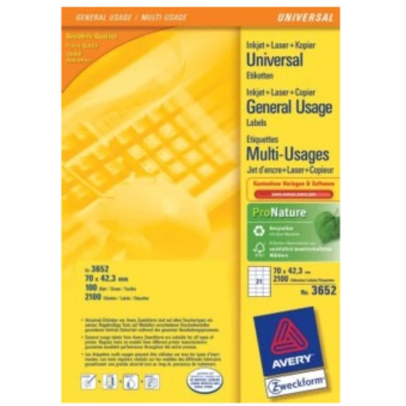 Avery - Etiketten - Weiß - 42,3 x 70 mm, 2100 Etiketten (100 Blatt x 21) (3652)
