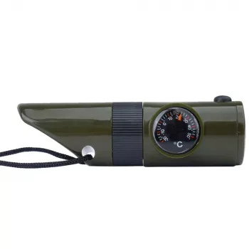 Multifunktionale Survival-Pfeife Mil-Tec SP.22073 — 6-in-1 oliv, Kompass, Thermometer, Spiegel, Lupe, Licht, 100×35×30 mm