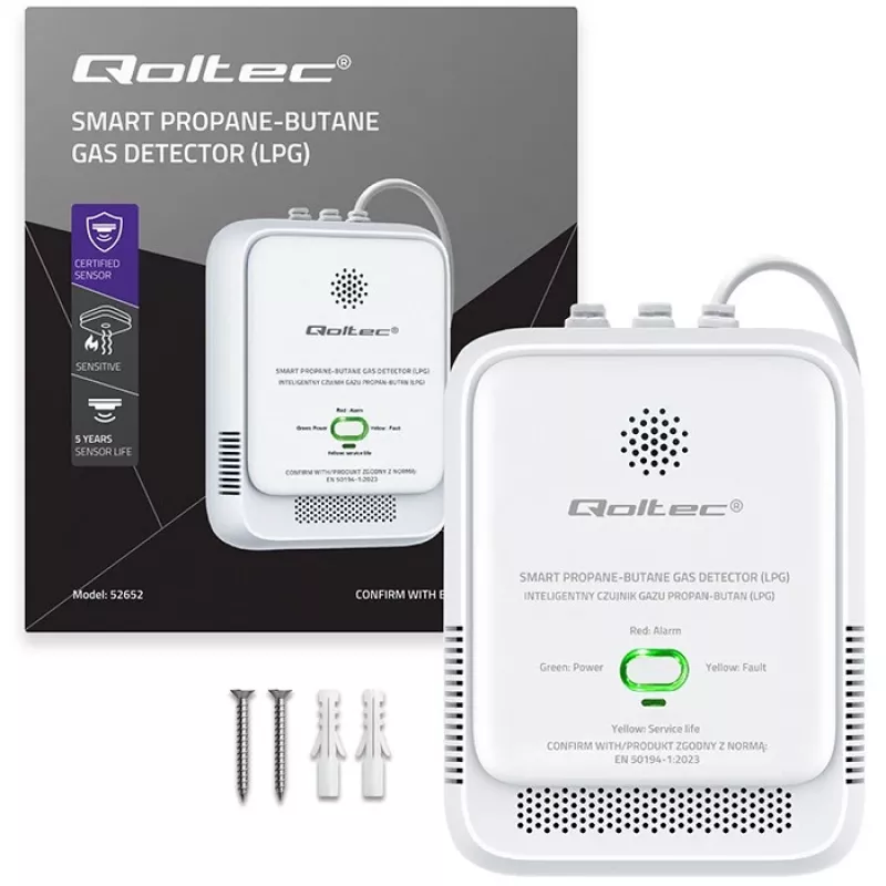 Gaslecksensor QOLTEC 52652 — Propan/Butan (LPG) Detektor, 85 dB Alarm, LED-Anzeige