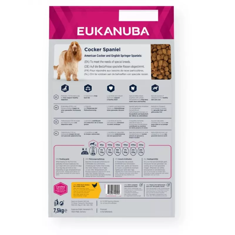 Trockenfutter für Hunde EUKANUBA Breed Specific Cocker Spaniel 7,5 kg — Huhn, Ausgewachsene Hunde, Haut & Fell, Herzunterstützung