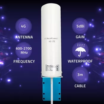 Outdoor omnidirectional 4G LTE antenna QOLTEC 57044, 5 dBi, 600–2700 MHz, 50 W, 50 Ω, weißes Kupfergehäuse