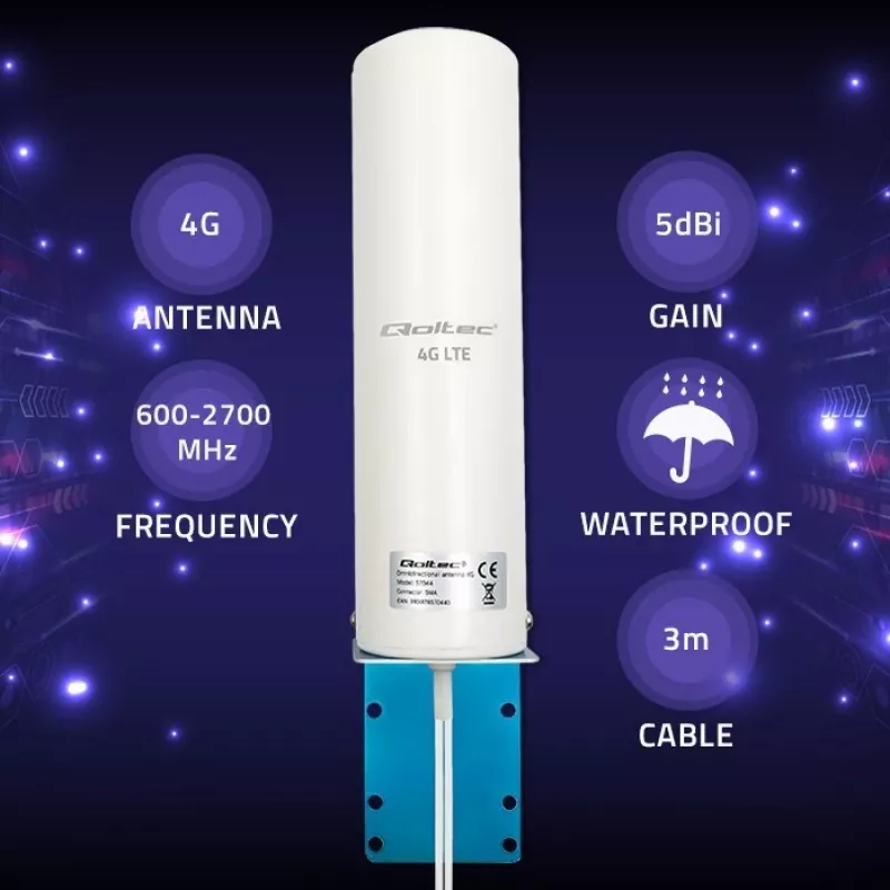 Outdoor omnidirectional 4G LTE antenna QOLTEC 57044, 5 dBi, 600–2700 MHz, 50 W, 50 Ω, weißes Kupfergehäuse