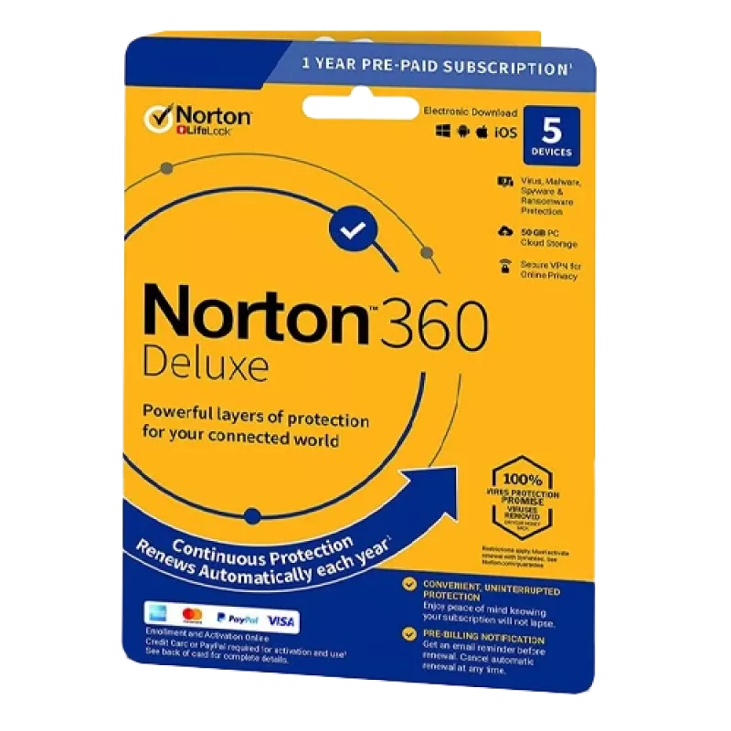 Norton 360 Deluxe | 5 Geräte | 1 Jahr | 50 GB Cloud-Speicher | EU | KEIN ABO |