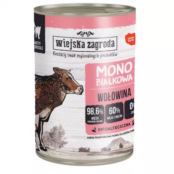 Nassfutter für Katzen wiejskazagroda Monoprotein Rind 400 g — Alleinfuttermittel für ausgewachsene Katzen, Protein 12,1 %, Fett 7,1 %, Feuchtigkeit 76,9 %