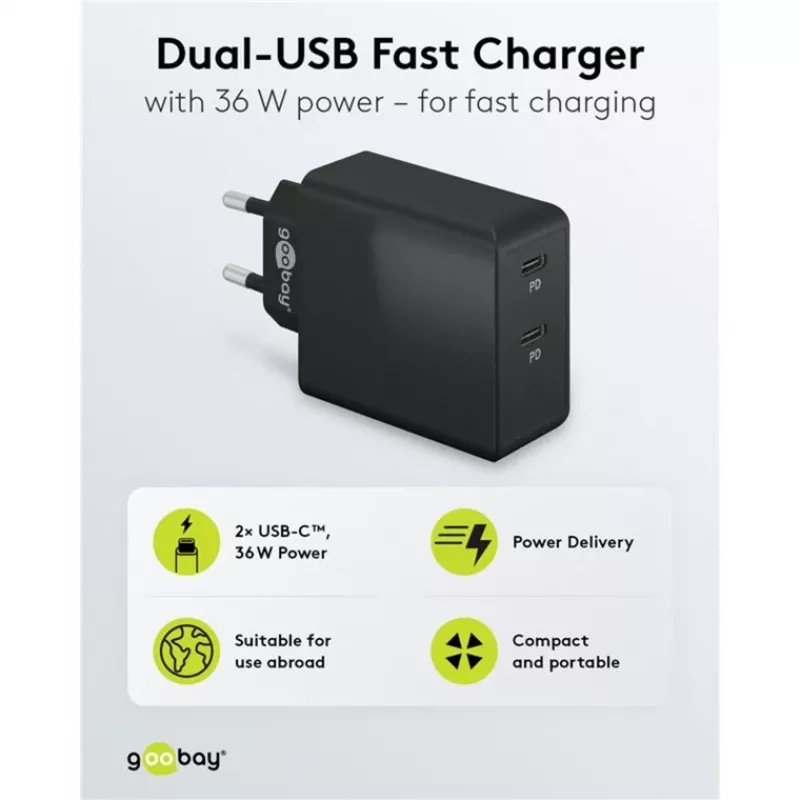 Indoor-Ladegerät Goobay 61757 Schnellladung USB Type-C 2 Ports Schwarz