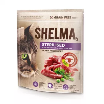 Trockenes Katzenfutter SHELMA Sterilised reich an Rind 750 g — ausgewachsene sterilisierte Katzen, 38 % Protein, 13 % Fett