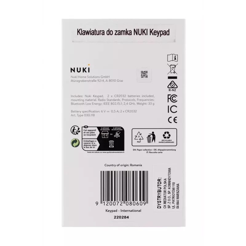 Smart-Türschloss NUKI — Bluetooth (5.0) IP65 Codeschloss CR2032-Batterien enthalten