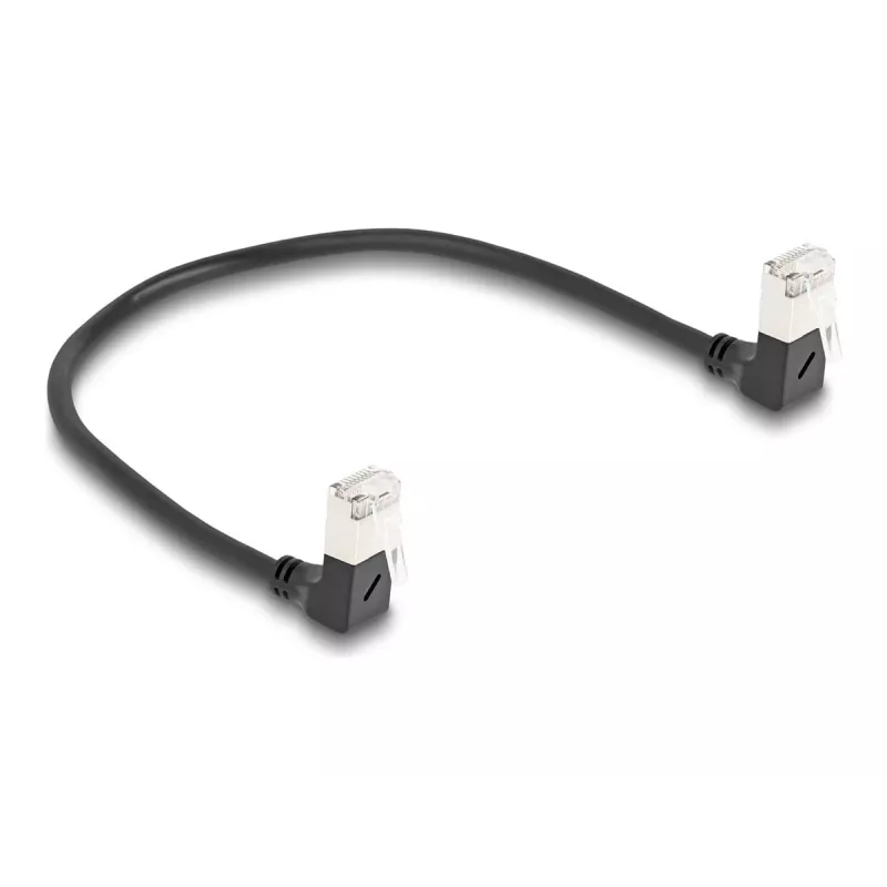 DeLOCK RJ45 Netzwerkkabel Cat.6A S/FTP schlank 90° abgewinkelt nach unten 0,25 m schwarz