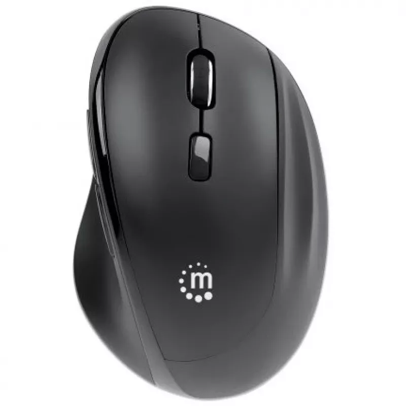Manhattan Ergonomische kabellose Maus, rechtshändig, einstellbare 800/1200/1600 dpi, 2,4 GHz (bis zu 10 m), sechs Tasten mit Scrollrad, Combo-USB-A- und USB-C-Empfänger, Schwarz, AA-Batterie (enthalten), drei Jahre Garantie