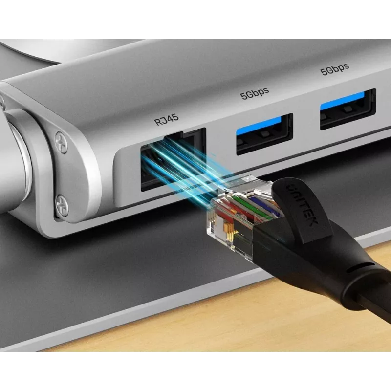Laptopständer Unitek D1109B01 — verstellbarer Aluminiumständer mit abnehmbarem USB‑C HDMI 4K PD 100W, 2x USB‑A, RJ‑45, für bis zu 17 Zoll