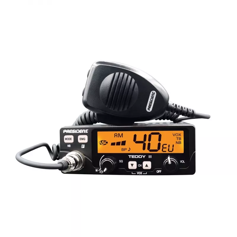 CB-Funkgerät President Teddy II+ — 40 Kanäle, 4 W Sendeleistung, 12/24 V, Störfilter, 125×125×45 mm