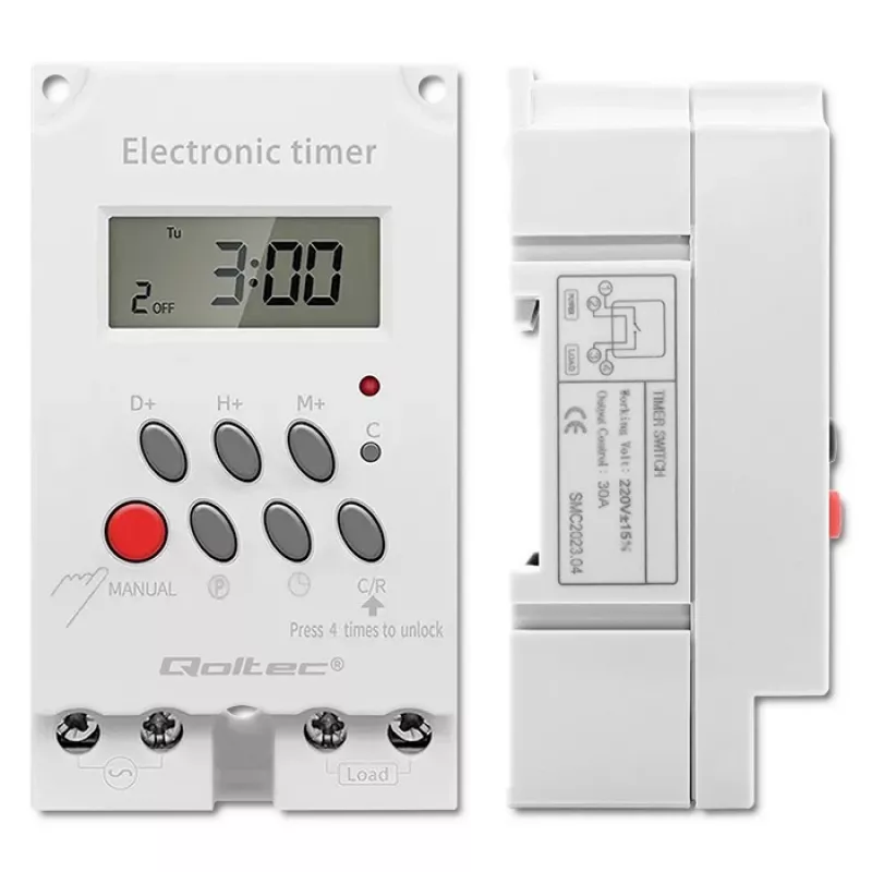 Elektronischer DIN-Schienen-Zeitschalter QOLTEC PC0629 — 24V Versorgung, 16A Ausgang