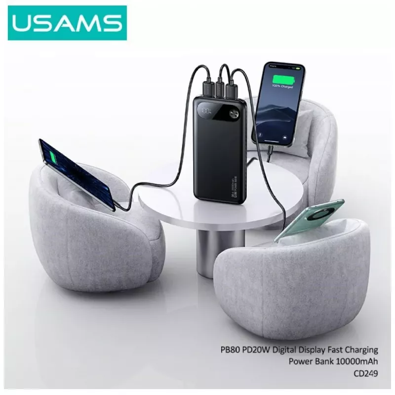Powerbank usams PB80 PD20W 10000mAh — tragbarer Ladegerät, schwarz