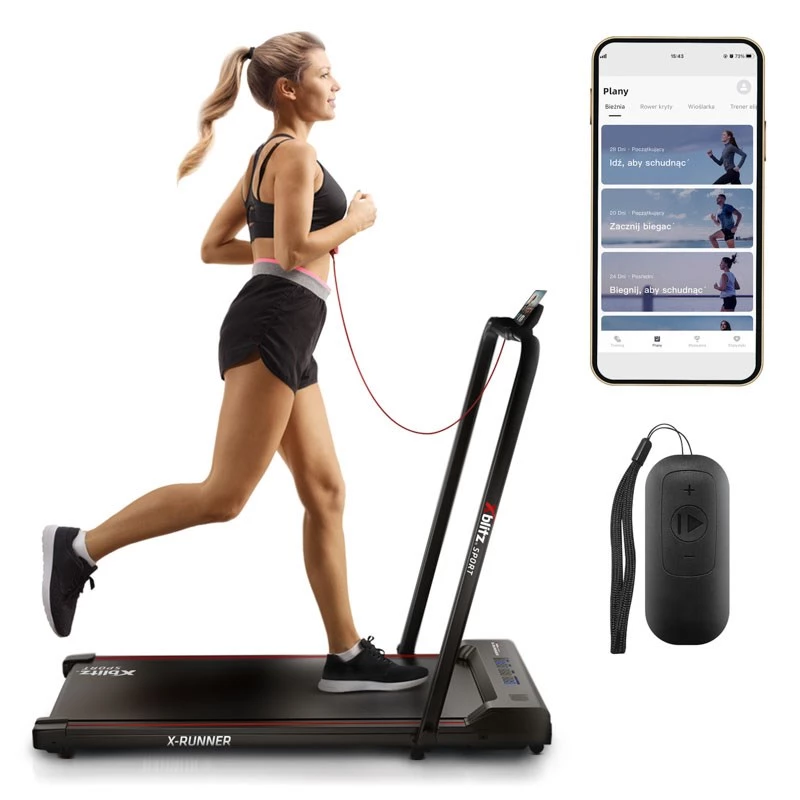Motorisiertes Laufband Xblitz X-RUNNER — faltbar kompakt, max. Geschwindigkeit 12 km/h, max. Nutzlast 120 kg, schwarz