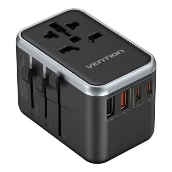 Vention Reiseadapter FJFB0 65W — 2× USB-C PD/PPS, 2× USB-A (QC/BC), HDMI-Ausgang, Aluminium/schwarz