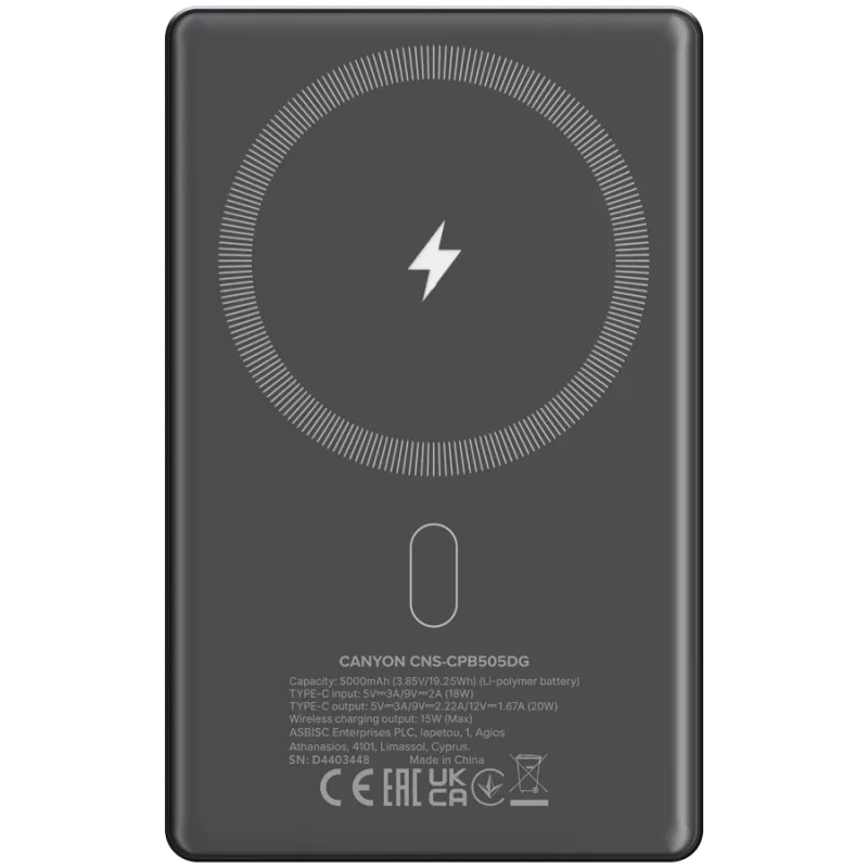 Canyon OnPower 505 - Powerbank - 5.000 mAh - in USB-C - out USB-C PD 20W + Wireless Magnet 1