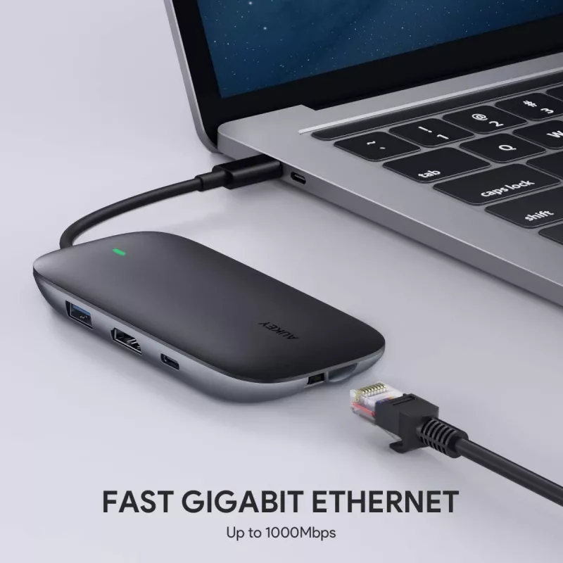 Laptop-Dock AUKEY CB-C71 — 3x USB‑C (USB 3.2 Gen1), HDMI, RJ‑45, MicroSD, USB PD 100 W, 0,15 m Kabel, schwarz