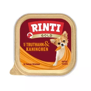 Nassfutter für Hunde RINTI Gold Mini — Truthahn mit Kaninchen, Alleinfuttermittel, 100 g Schale, für kleine ausgewachsene Hunde (5–10 kg)