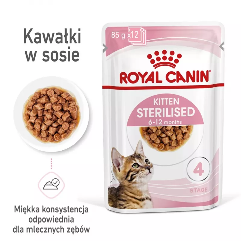 Nassfutter für Katzen Royal Canin Sterilised Gravy, 12 x 85 g Beutel — Huhn, für kastrierte Kätzchen, 11 % Protein, 80,5 % Feuchtigkeit