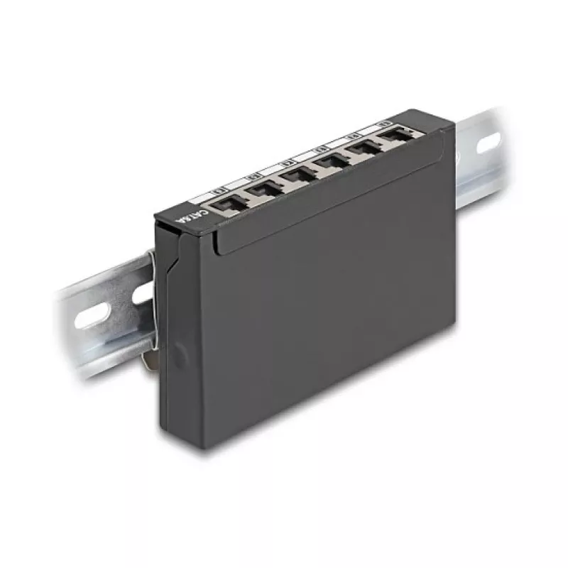 Patchpanel DELOCK Mini Desktop RJ45 6-Port Cat.6A geschirmt, Metall, schwarz, 80×22×125 mm