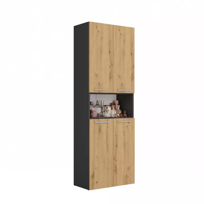 Badezimmer-Hochschrank Top e Shop NEL 1K DK ANT/ART KP – Graphit/Eiche, freistehend, 5 Einlegeböden, 600×300×1740 mm