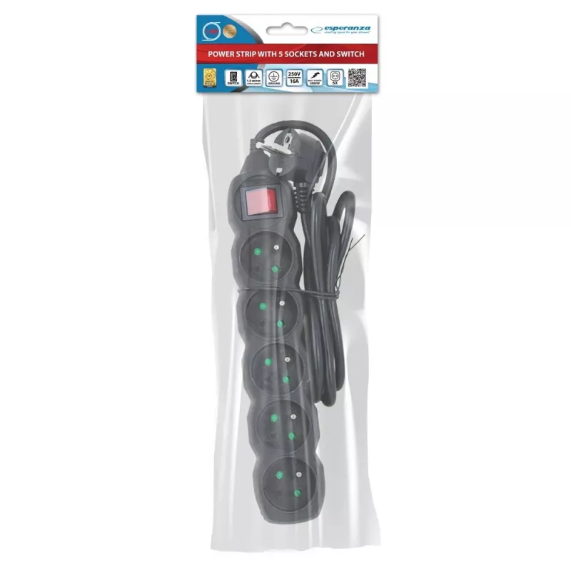 Power Extension Esperanza ELK214K 1.5 m Kabel 5 Type E outlets Indoor Schwarz