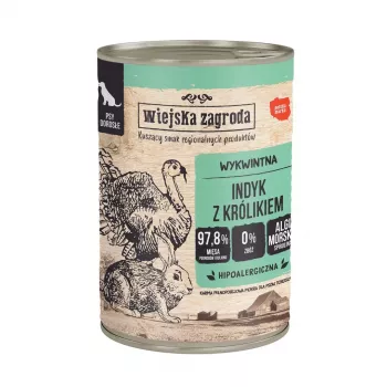 Nassfutter wiejskazagroda Truthahn mit Kaninchen 400 g – Alleinfuttermittel, Truthahn & Kaninchen, ausgewachsen, für Allergiker geeignet