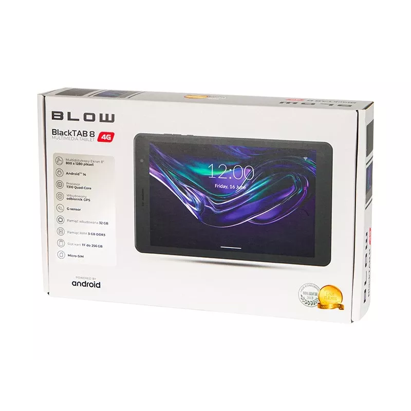 Tablet BLOW SchwarzTAB8 8 Zoll 4G LTE, 3 GB RAM, 32 GB eMCP, Android 14, IPS 1200×1920, MicroSD