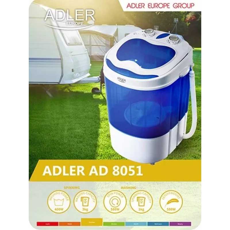 Adler | AD 8051 | Waschmaschine | Energieeffizienzklasse | Toplader | Waschkapazität 3 kg | Unbestimmte U/min | Tiefe 37 cm | Breite 38 cm | Weiß/Blau