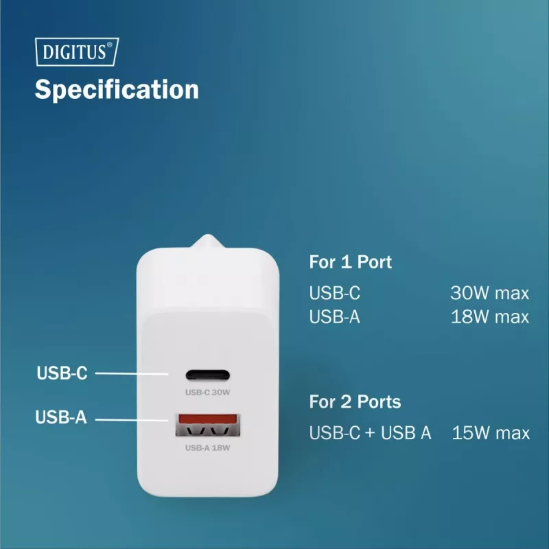 AC Indoor USB GaN Ladegerät DIGITUS DA-10301 — 30W, 1× USB-C, 1× USB-A, 100–240V, weiß