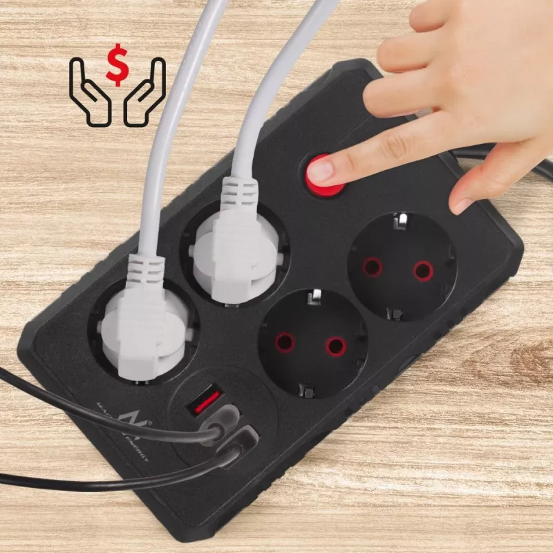 Steckdosenleiste MACLEAN MCE393 B — 4 Steckdosen, 3×USB, 110–240 V, 2500 W, 3 m Kabel, schwarz