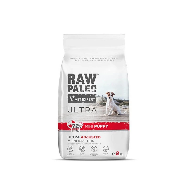 Trockenfutter für Hunde VETEXPERT RAW PALEO Ultra Mini Puppy Beef 2 kg — Trockenfutter für Welpen kleiner Rassen, 30,5 % Protein, 16,5 % Fett