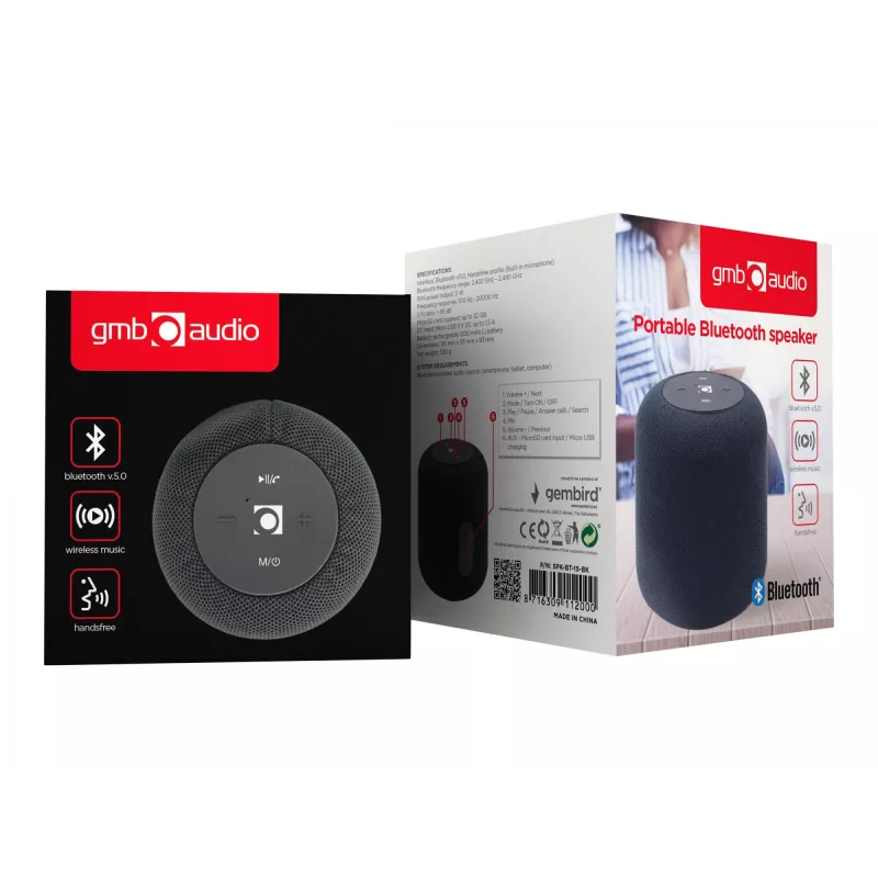 Mono tragbarer Lautsprecher Gembird SPK-BT-15-BK — 5 W RMS, Bluetooth, MicroSD, 1200 mAh, Schwarz