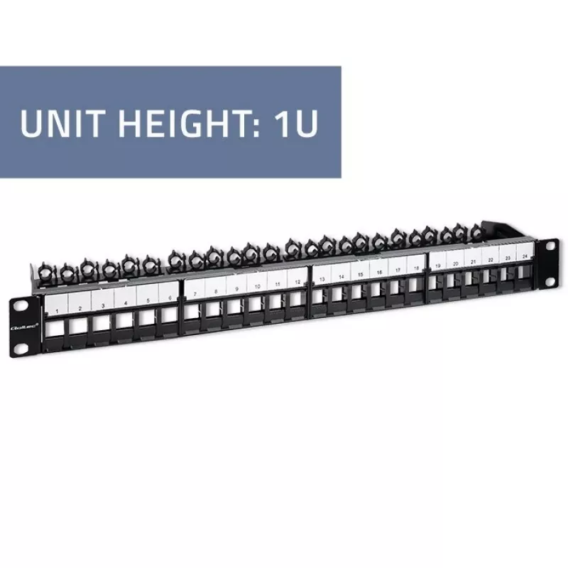 Qoltec 54516 19-Zoll-Rack-Patchpanel, 24 Ports, 1U, UTP, Schwarz