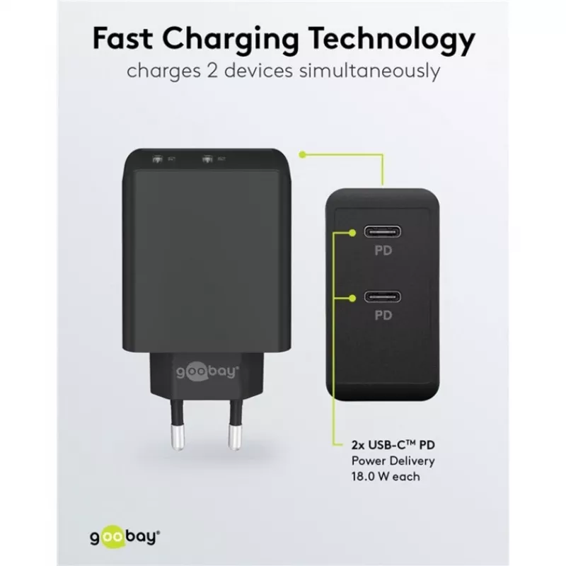 Indoor-Ladegerät Goobay 61757 Schnellladung USB Type-C 2 Ports Schwarz