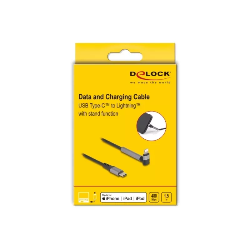 USB-Typ-C-auf-Lightning-Lade- und Datenkabel mit gewinkeltem Stecker und Standfunktion, DELOCK 1,5 m, 9 V 3 A (MFi)